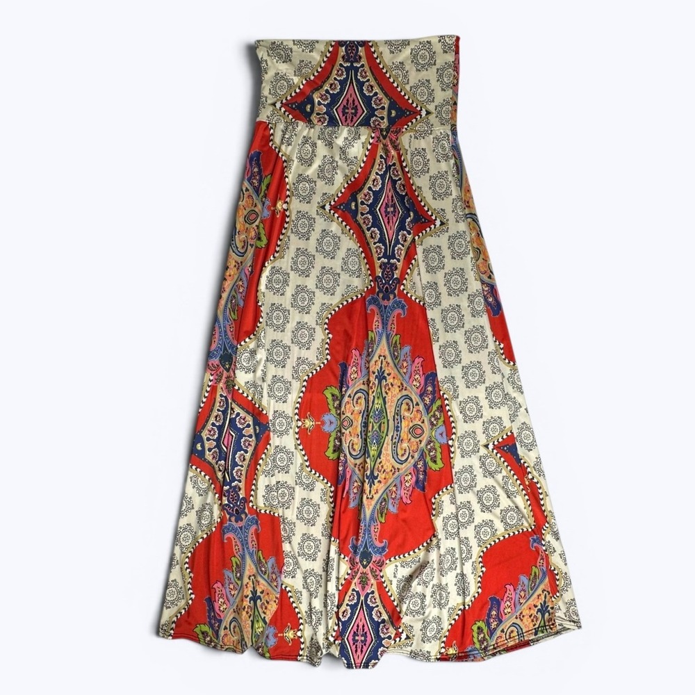 True Light USA Maxi Skirt Red Paisley Medallion Print Stretch Hippie Boho Sz‎ L